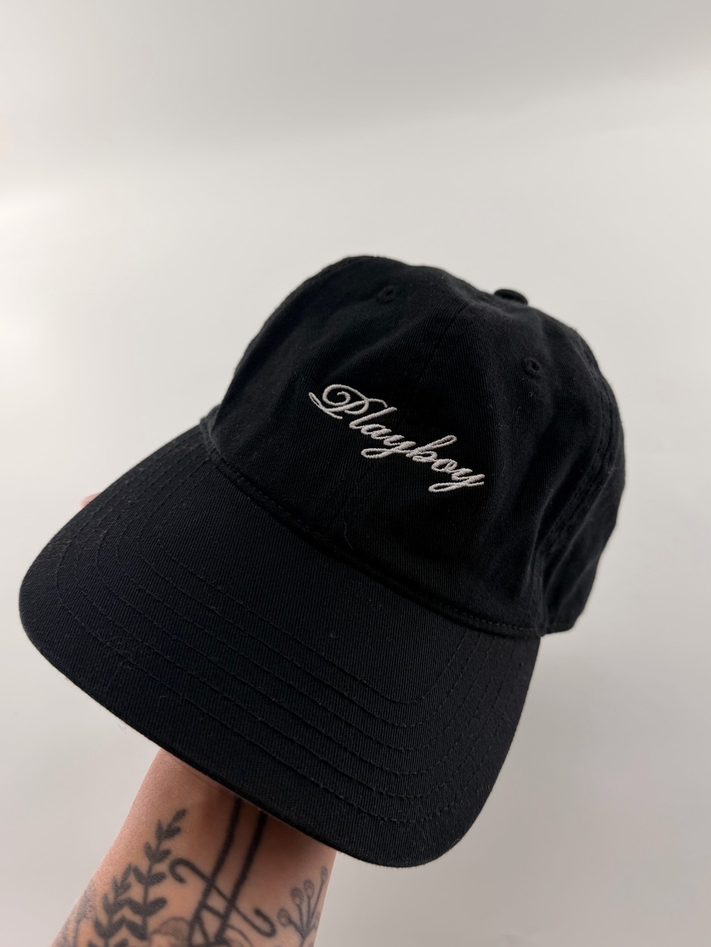 Playboy Black and White Hat Baseball Cap Cursive Playboy Bunny Logo Unisex Women